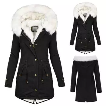 Женская теплая верхняя одежда с капюшоном и толстой подкладкой, куртки с большим воротником XXL чёрный