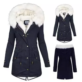 Женская теплая верхняя одежда с капюшоном и толстой подкладкой, куртки с большим воротником L тёмно-синий