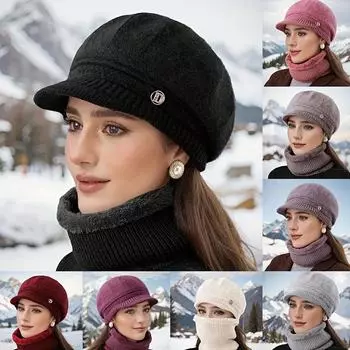 Женская теплая вязаная зимняя шапка - теплая хлопковая шапка с подкладкой из флиса и защитой ушей с козырьком от солнца Single cap [cap only] розовый