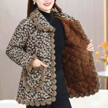 Женская теплая зимняя куртка из плотного бархата и хлопка, модная хлопковая куртка с цветочным принтом 6XL чёрный