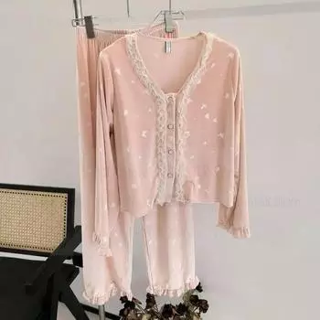 Женская теплая зимняя пижама, бархатный пижамный комплект, бабочка, жаккардовая домашняя одежда, сексуальные кружевные топы и брюки, бархатная пижама для женщин M розовый