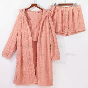 Женская теплая зимняя пижама, верх, халат, 3 предмета, флисовый пижамный комплект, свободная домашняя одежда XL розовый