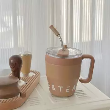 Женская термокружка из нержавеющей стали с трубочкой и высокой ценой – кружка для кофе в офисе 480ml one cup double drink зелёный