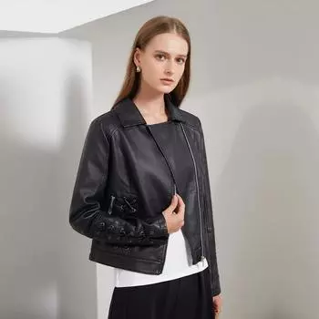 Женская тканая куртка на шнуровке с длинным рукавом и отложным воротником, однотонная кожаная куртка из искусственной кожи, S-4XL