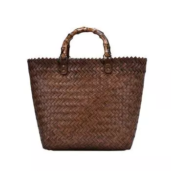 Женская тканая пляжная соломенная сумка, повседневные сумки ручной работы из ротанга на ремне 27x12x29cm бежевый