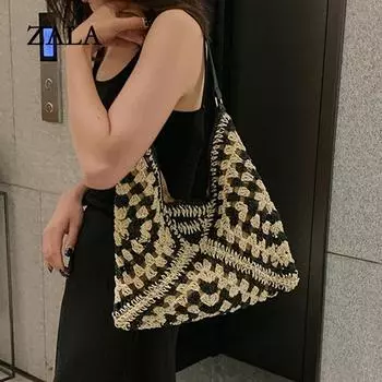 Женская тканая соломенная сумка через плечо среднего размера с ручкой для пляжного отдыха 34x1x35cm чёрный