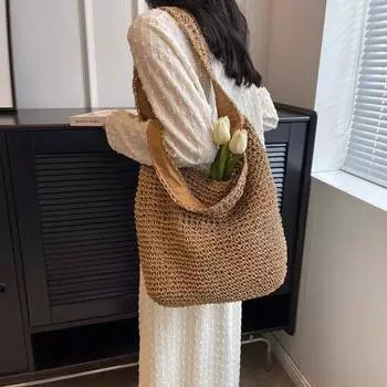 Женская тканая сумка из травы, новинка 2024 года, летняя универсальная повседневная сумка на плечо, тканая сумка ручной работы из серии Forest, пляжная сумка большой вместительности