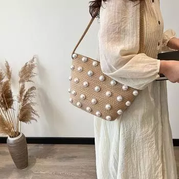 Женская тканая сумка из травы в 2024 году, новая тканая сумка, сумка через плечо, летняя пляжная сумка для телефона на плечо, маленькая сумка Pearl Leisure