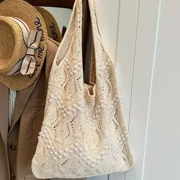 Женская тканая сумка, новинка лета 2024, вязаная сумка, модная женская сумка на одно плечо с жемчугом, ленивая женская сумка в деревенском стиле