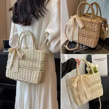 Женская тканая сумка в стиле бохо, летняя пляжная соломенная сумка, большая вместительная сумка на плечо хаки