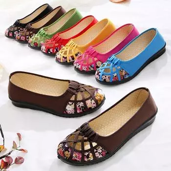 Женская тканевая обувь Old Beijing, весенне-летняя женская обувь на полой плоской подошве, дышащие сандалии для мам 34 чёрный