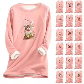 Женская толстая флисовая толстовка с рождественским принтом, бархатное теплое нижнее белье с круглым вырезом, топ XXXXXL чёрный