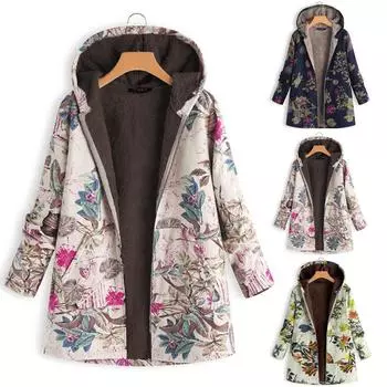 Женская толстая композитная плюшевая куртка на молнии с длинным рукавом и винтажным цветочным принтом больших размеров с капюшоном XXXXL синий