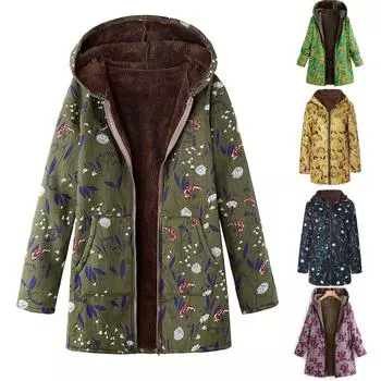 Женская толстая композитная плюшевая куртка на молнии с длинным рукавом и винтажным цветочным принтом больших размеров с капюшоном XXXL