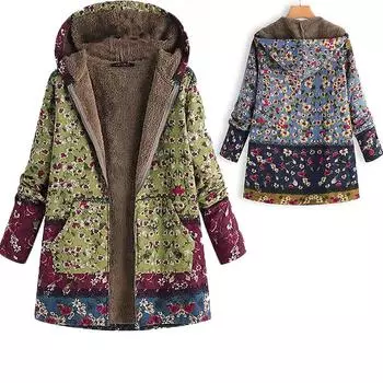 Женская толстая композитная плюшевая куртка с длинным рукавом и винтажным цветочным принтом, плюс размер, куртка с капюшоном S синий