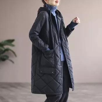 Женская толстая куртка с капюшоном и утеплителем Женские весенне-осенние парки Повседневное теплое хлопковое пальто средней длины Женское свободное пальто XXXXL синий