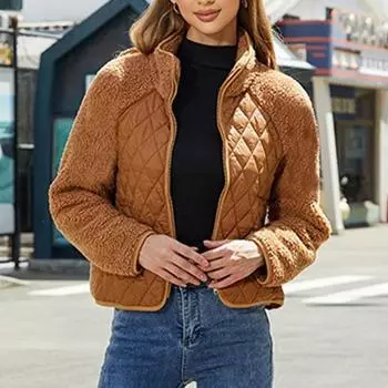 Женская толстая плюшевая лоскутная однотонная куртка осень-зима теплая молния с длинным рукавом пальто темпераментная женская одежда для поездок на работу S абрикосовый