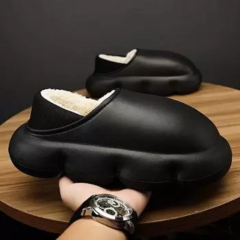 Женская толстая подошва водонепроницаемая обувь мужская домашняя нескользящая обувь мужские тапочки домашние плюшевые тапочки женские зимние теплые тапочки 34-35 чёрный