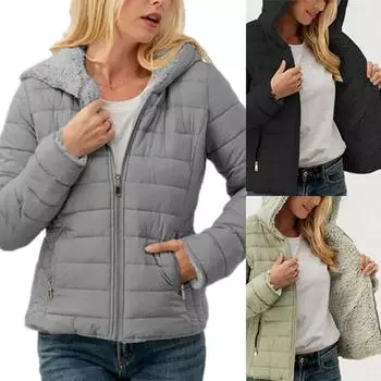 Женская толстая теплая хлопковая стеганая куртка с подкладкой из искусственного меха на молнии с капюшоном зимнее пальто L чёрный