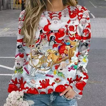 Женская толстовка Amazon с круглым вырезом и длинными рукавами с цифровым принтом снеговика из Европы и Америки S