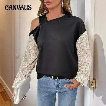 Женская толстовка без бретелек с длинным рукавом и пайетками на весну и осень в стиле колор-блок S чёрный