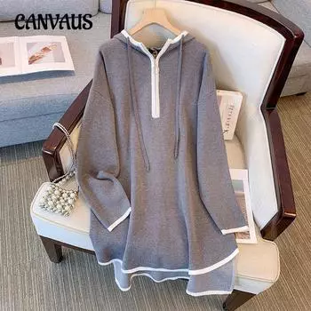 Женская толстовка больших размеров на весну и осень, вязаное платье-толстовка с капюшоном, свободный топ с длинными рукавами 2XL серый