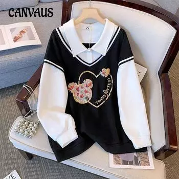 Женская толстовка больших размеров на весну и осень, лоскутная толстовка с воротником-поли, топ с длинными рукавами в студенческом стиле 2XL чёрный