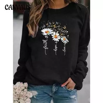 Женская толстовка больших размеров на весну и осень, топ с длинными рукавами и круглым вырезом с пустым цветком