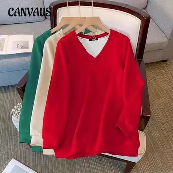 Женская толстовка больших размеров, однотонная, повседневная, с v-образным вырезом и длинными рукавами, свободная толстовка 2XL белый