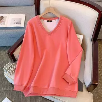 Женская толстовка больших размеров, однотонная, повседневная, с v-образным вырезом и длинными рукавами, свободная толстовка 2XL абрикосовый
