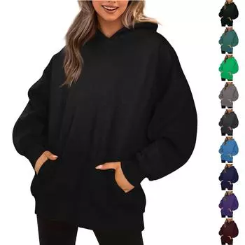 Женская толстовка большого размера, пуловер с капюшоном, длинными рукавами и карманами, зимняя осенняя одежда, однотонный пуловер, спортивная повседневная одежда для тренировок L
