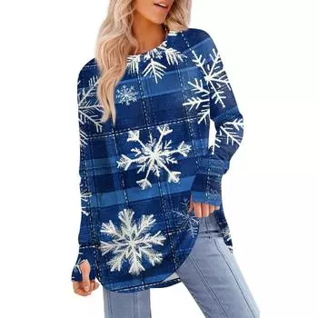 Женская толстовка большого размера с графическим принтом, длинный рукав, спущенное плечо, круглая рубашка, топы, винтажная одежда L синий