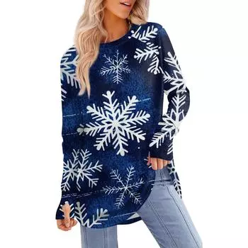 Женская толстовка большого размера с графическим принтом, длинный рукав, спущенное плечо, круглая рубашка, топы, винтажная одежда L синий