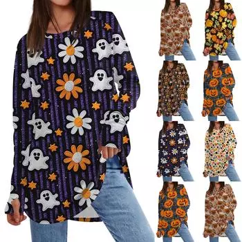 Женская толстовка большого размера с графическим принтом, длинный рукав, спущенное плечо, круглая рубашка, топы, винтажная одежда L оранжевый