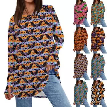 Женская толстовка большого размера с графическим принтом, длинный рукав, спущенное плечо, круглая рубашка, топы, винтажная одежда M оранжевый