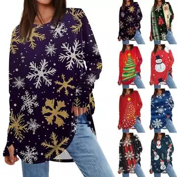 Женская толстовка большого размера с графическим принтом, длинный рукав, спущенное плечо, круглая рубашка, топы, винтажная одежда L синий