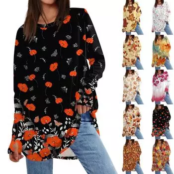 Женская толстовка большого размера с графическим принтом, длинный рукав, спущенное плечо, круглая рубашка, топы, винтажная одежда XXL