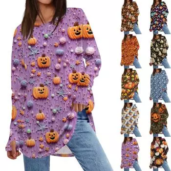 Женская толстовка большого размера с графическим принтом, длинный рукав, спущенное плечо, круглая рубашка, топы, винтажная одежда XXXL фиолетовый