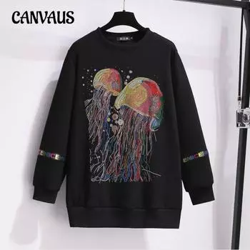 Женская толстовка большого размера с круглым вырезом и бархатом, новая толстовка с капюшоном Diamond и однотонным принтом XL чёрный