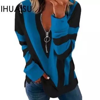 Женская толстовка IHUASU с длинными рукавами, V-образным вырезом, застежкой-молнией и индивидуальным принтом, на осень и зиму S чёрный