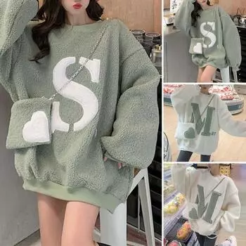 Женская толстовка из плотного плюша с буквенным вырезом и длинным узором, свободная с круглым рукавом, мягкая теплая эластичная манжета средней длины, подол M белый