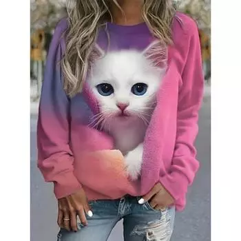 Женская толстовка из полиэстера с принтом Cat Street, повседневная, с круглым вырезом, длинным рукавом, микроэластичная, осень-зима S