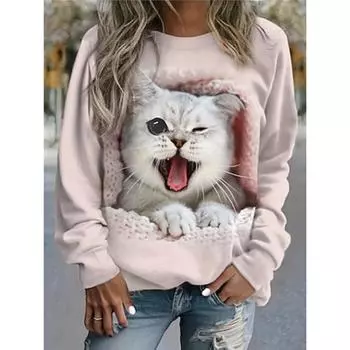 Женская толстовка из полиэстера с принтом Cat Street, повседневная модная повседневная одежда с круглым вырезом и длинным рукавом, микроэластичная, осень-зима S