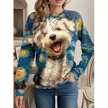 Женская толстовка из полиэстера с принтом «Собака на улице», повседневная, с круглым вырезом, длинным рукавом, микроэластичная, осень-зима S