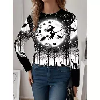 Женская толстовка из полиэстера с рисунком ведьмы, тыквы, фонаря, на Хэллоуин, повседневная одежда с принтом, свободный крой, круглый вырез, длинный рукав, неэластичная S