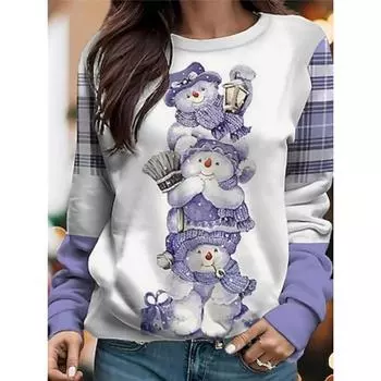 Женская толстовка из полиэстера с рождественским принтом «Снеговик», повседневная, с круглым вырезом, длинным рукавом, микроэластичная, осень-зима S