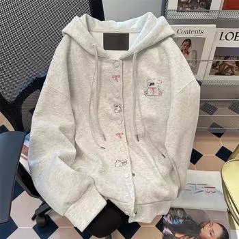 Женская толстовка-кардиган с капюшоном, осенняя свободная повседневная куртка в стиле Харадзюку с длинными рукавами M серый