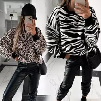 Женская толстовка контрастного цвета с круглым вырезом в полоску зебры и леопардовым принтом, пуловер, теплая свободная весенняя толстовка с длинными рукавами, женская одежда S коричневый
