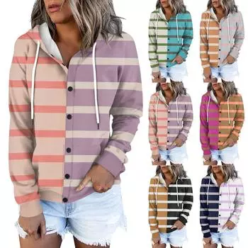 Женская толстовка-куртка, классическая полосатая, с длинным рукавом, свободная, с капюшоном, спортивная куртка L циан