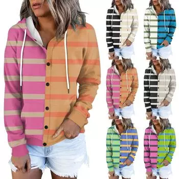 Женская толстовка-куртка, классическая полосатая, с длинным рукавом, свободная, с капюшоном, спортивная куртка S синий